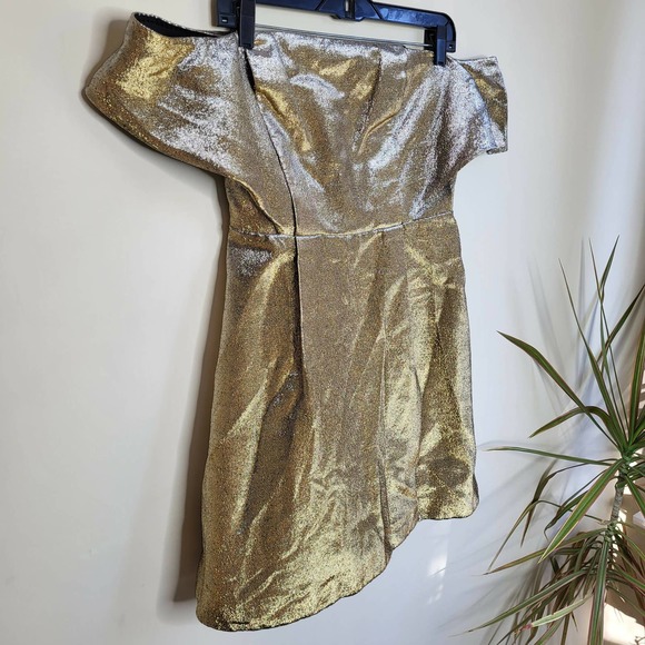 Sandro Metallic Off-the-Shoulder A-line Mini Dress - Gold - Picture 4 of 13
